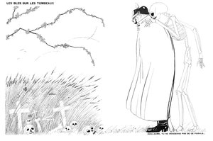 La muerte diciéndole al Kaiser Wilhelm que nunca comerá pan hecho con trigo cultivado en los cadáveres y tumbas de los soldados franceses, 13 de abril de 1916