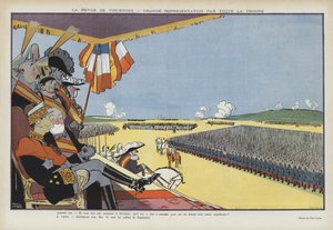 Visita del Rey Alfonso XIII de España a París: desfile militar en Vincennes. Ilustración para Le Rire