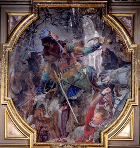 La visión de San Huberto, quien al ir de caza en un bosque, ve milagrosamente a Dios apareciendo en forma de ciervo. Lienzo marouflé por Paul Jacques Aimé Baudry (1828-1886) 1882 Sol. 2,3x2,06 m Chantilly, Museo Condé de Paul Jacques Aimé Baudry