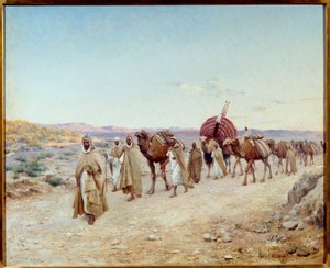 Una caravana en el desierto cerca de Biskra en Argelia en 1892