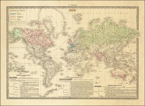 Mapa francés del mundo de 1840 con los territorios de los imperios británico, francés y ruso de Paul Kaeppelin