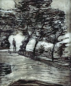 Camino del parque, con hombre alto y perro de Paul Klee