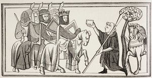 Un mensajero llega con un mensaje para un rey que está al frente de su ejército. Según una ilustración del siglo XIII. de Paul Lacroix