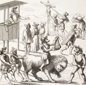 Cuadro alegórico de los excesos cometidos por los hugonotes. El león manso representa una Francia reducida por los herejes y sus prácticas. de Paul Lacroix