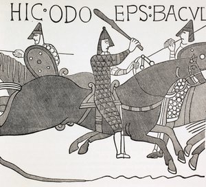 El obispo Edues sosteniendo su bastón de mando y animando a los soldados del duque de Normandía en la batalla de Hastings. Según un detalle del tapiz de Bayeux. de Paul Lacroix