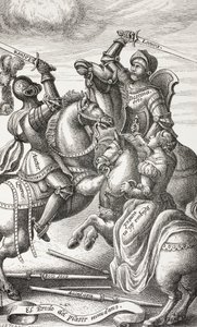 Caballería representada por figuras alegóricas. Caballeros luchando a caballo. Según una lámina de cobre del siglo XVI. de Paul Lacroix