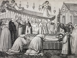Muerte de San Benito de Nursia o San Benedetto Da Norcia, 480-547, en la abadía de Monte Cassino. de Paul Lacroix