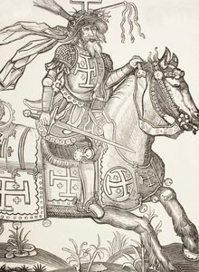 Godofredo de Bouillon, C. 1060 - 1100, Caballero franco medieval. Líder de la Primera Cruzada. Aquí se le ve coronado con los instrumentos de la Pasión de Cristo. Según una xilografía del siglo XV. de Paul Lacroix