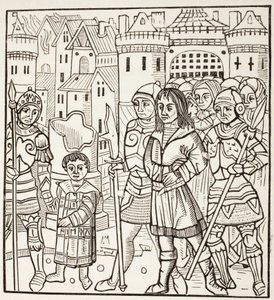 El rey San Luis, Luis IX de Francia, y sus dos hermanos, Alfonso y Carlos, son capturados por los sarracenos tras la batalla de Fariskur, en abril de 1250, durante la Séptima Cruzada. de Paul Lacroix
