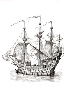 Hombre de guerra que transportó al rey Enrique VIII de Inglaterra a Francia en 1520 para su encuentro con el rey Francisco I en el Campo del Paño de Oro. Según un dibujo de Holbein. de Paul Lacroix