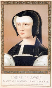 Retrato de Louise de Savoie (1476-1531), Duquesa de Angulema y Regente de Francia. Cromolitografía de “Luis XII y Ana de Bretaña” por Paul Lacroix, ed. Georges Hurtrel de Paul Lacroix