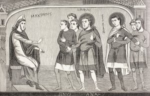 Los santos Savino y Cipriano confiesan al procónsul Galerio Máximo que son cristianos. Según un fresco del siglo XI en la iglesia de San Savino, Vienne, Francia. de Paul Lacroix