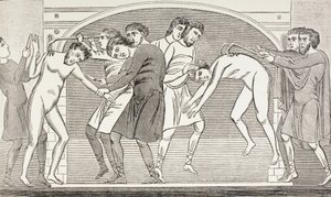 Santos Savin y Cipriano con la carne arrancada de sus cuerpos por ganchos de hierro. Según un fresco del siglo XI en la iglesia de San Savino, Vienne, Francia. de Paul Lacroix