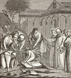 San Benito y el Diablo. Cuando San Benito estaba construyendo una capilla, el diablo se sentó en una piedra y nadie pudo moverlo hasta que San Benito bendijo la piedra. Entonces el Diablo emprendió el vuelo. de Paul Lacroix