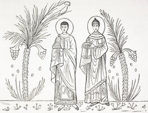 Santa Cecilia y su marido Valeriano. Según un mosaico del siglo III o IV conservado en la iglesia de Santa Cecilia, Roma. de Paul Lacroix