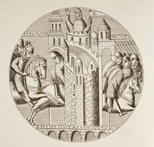 La toma de Nicea, Turquía, por los cruzados en 1097. De una ventana de la iglesia de la abadía de San Denis, hoy destruida. de Paul Lacroix