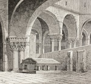 Tumba de Godofredo de Boullón, 1060-1100, tal y como existía en la iglesia del Santo Sepulcro de Jerusalén. La tumba está destruida. Según un dibujo realizado in situ en 1828. de Paul Lacroix