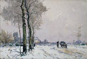 Las afueras de un pueblo, invierno (óleo sobre lienzo) de Paul Lecomte