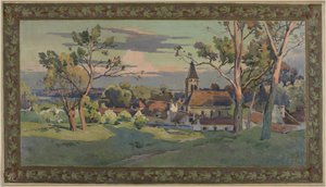 Boceto para el ayuntamiento de Thiais: pueblo con iglesia, hacia 1902 (óleo sobre lienzo) de Paul Léon Felix (attr. to) Schmitt