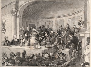 El Congreso Antiesclavista celebrado en París los días 21, 22 y 23 de septiembre de 1890 en la Sociedad de Geografía en presencia de Jules Simon, Emile Keller y Monseñor Lavigerie. Grabado según el dibujo de Paul Merwart en “Le Monde Illustré” de 1890.