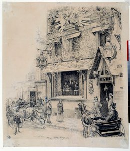 Vista de la entrada al Cabaret du Chat Noir. Dibujo a tinta de Paul Merwart siglo XIX París, Museo Carnavalet de Paul Merwart