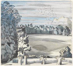 Paisaje con grajos, c.1913-14 (tiza negra y acuarela sobre papel) de Paul Nash