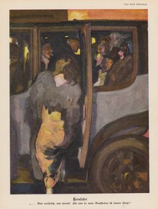 Mujer entrando en un coche para volver a casa después de una noche de fiesta (litografía en color) de Paul Rieth