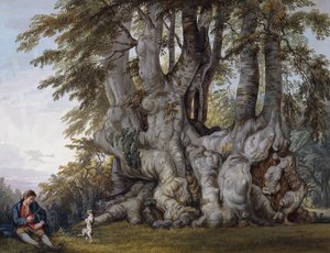 Un niño haciendo bailar a un perro junto a un antiguo haya nudosa de Paul Sandby