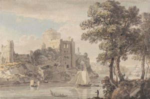 Un castillo junto a un río de Paul Sandby
