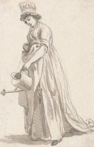Una niña con una regadera mirando a la izquierda - Sarah Hough, niñera de la Sra. T.P. Sandby de Paul Sandby
