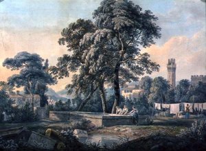 Un paisaje italianizante con mujeres junto a un estanque de lavado de Paul Sandby