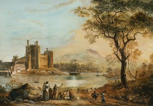 Castillo de Caernarvon, con un arpista en primer plano de Paul Sandby