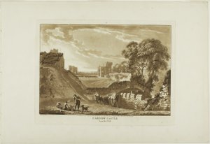 Castillo de Cardiff desde el oeste, lámina dos de Doce vistas de Gales de Paul Sandby