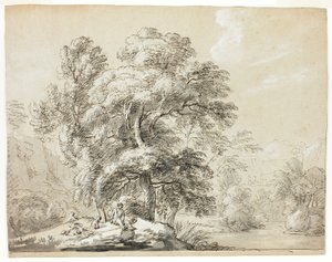 Hombre y perro sentados bajo árboles junto al río de Paul Sandby