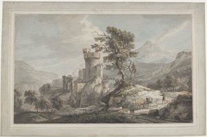 Paisaje montañoso con una fortaleza
Paisaje montañoso con una ruina, un árbol alto y un pastor con ganado de Paul Sandby