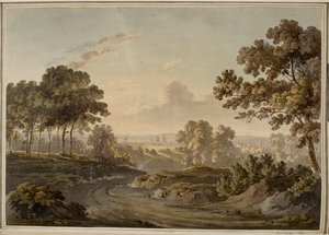 Oxford [gráfico]. Pastor pastoreando ovejas en la carretera hacia Oxford, que es visible en el horizonte iluminado por el resplandor del atardecer. de Paul Sandby