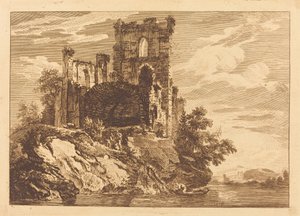 Ruinas junto a un río con un hombre en un bote de Paul Sandby