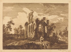Ruinas con dos mujeres lavando ropa en un río de Paul Sandby
