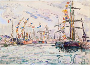 Veleros con banderas festivas en un muelle en Saint-Malo, 1920s