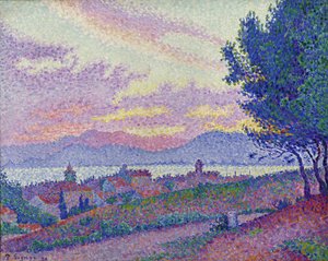 Vista de Saint-Tropez, puesta de sol en el bosque de pinos, 1896 de Paul Signac