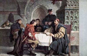 Martín Lutero en conversación con estudiantes en el Gasthof der Baren, Jena, Alemania, marzo de 1522 de Friedrich Paul Thumann