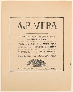 Dibujo, página de título, A & P Vera, composición decorativa de Paul Vera/Vistas de jardines de André Vera dibujadas por Eugène Verdeau/Muebles de Paul Vera/Cojines de J. L. Gampert, 1912-1919 de Paul Vera
