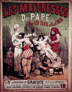 Cartel de "Las Amantes del Papa" de Leo Taxil (1854-1907) y Karl Milo, libro anticlerical de 1884. Una mujer es representada torturada en el cepo, un verdugo le perfora el pecho. Ilustración de Hode, siglo XX. Colección privada de Paul Verlaine