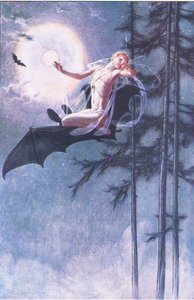 En la espalda de los murciélagos vuelo, ilustración de La Tempestad, 1908 de Paul Vincent Woodroffe