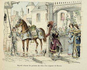 Ilustración tomada del libro "Histoire du chevalier Bayard" de Theodore Cahu, ilustrada por Paul De Semant (1855-1915): Bayard rechazando los regalos de las hijas de un señor de Brescia en 1512 de Paul de Semant