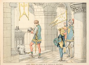 Ilustración tomada del libro "Juana de Arco" de Theodore Cahu e ilustrada por Paul De Semant (1855-1915): Juana de Arco deposita su armadura en la tumba de San Denis de Paul de Semant