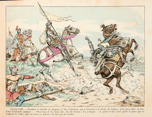 Ilustración tomada del libro “Juana de Arco” de Theodore Cahu e ilustrada por Paul De Semant (1855-1915): 12 de junio de 1429 El Señor de Lude muere por una bala durante la Batalla de Jargeau ante Juana de Arco