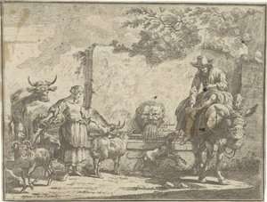 Mujer y hombre en un burro junto a una fuente de agua Paisajes pastorales (título de la serie) de Paul van Somer (II)