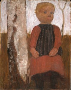 Niño en vestido rojo junto a un tronco de abedul de Paula Modersohn-Becker