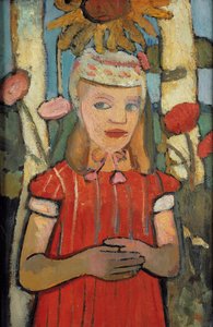 Niña con vestido rojo frente a un girasol, 1907 de Paula Modersohn Becker